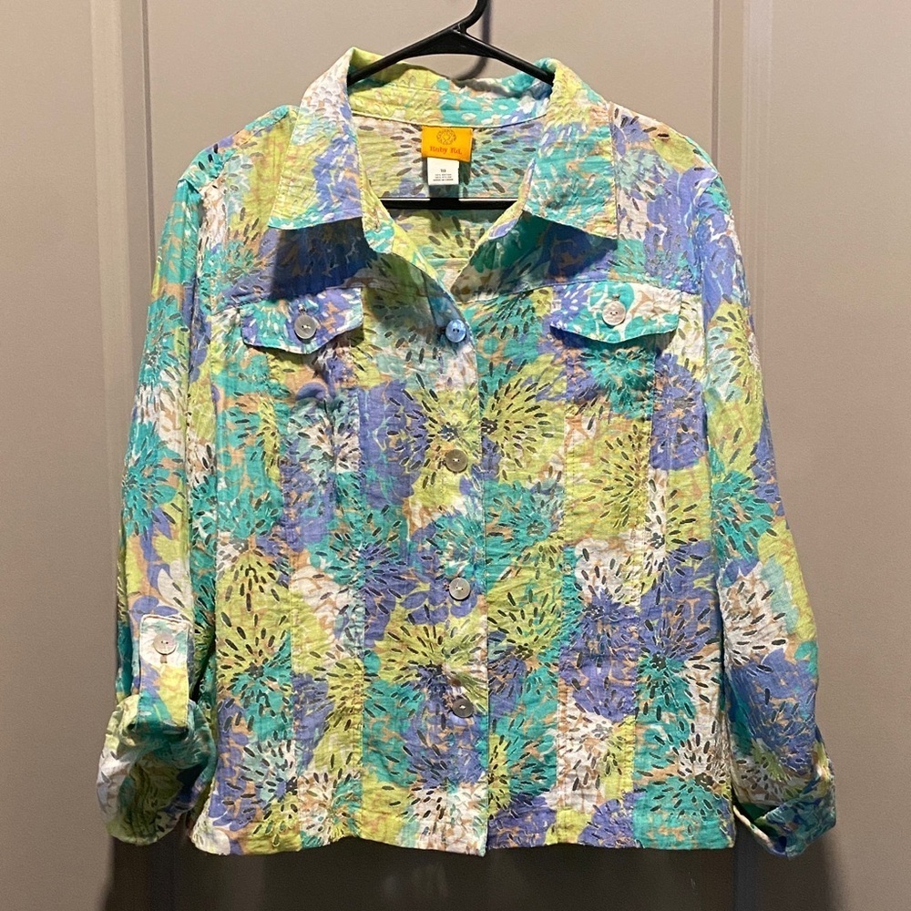 Ruby Rd Blue Green Textured Jacket Lightweight Button Up Layering Top 18 Artsy